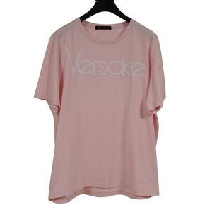 Versace Mens Embroidered Logo T Shirt Medium Pink White Short Sleeve